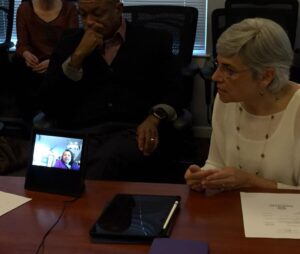 Suria speaks to Susan Tachau, executive director of the Pennsylvania Assistive Technology Project, at the March 2018 Smart Home Made Simple advisory board meeting