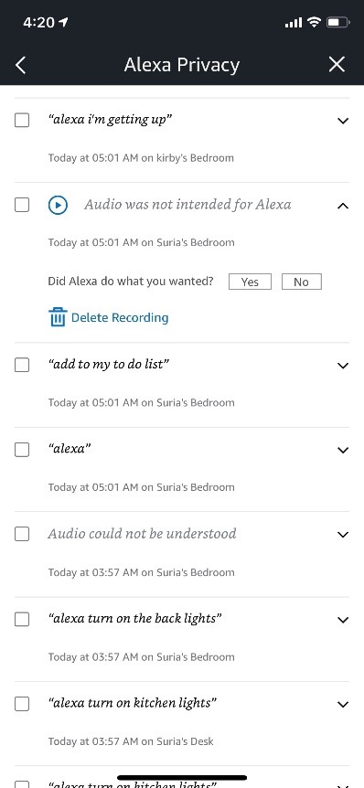 Screen shot of Alexa app screen titled Alexa Privacy with a list of quotes Alexa has recorded with checkboxes next to them. Examples include "alexa I'm getting up," "add to my to do list," and Audio was not intended for Alexa.